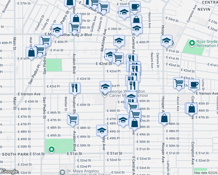 map of restaurants, bars, coffee shops, grocery stores, and more near 886 East 43rd Place in Los Angeles