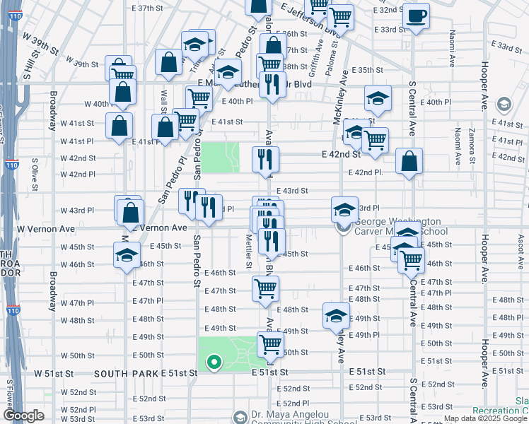 map of restaurants, bars, coffee shops, grocery stores, and more near 4353 Avalon Boulevard in Los Angeles