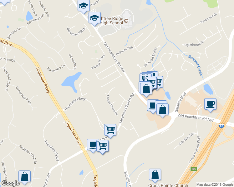 map of restaurants, bars, coffee shops, grocery stores, and more near 2792 Meadow Forest Drive in Duluth