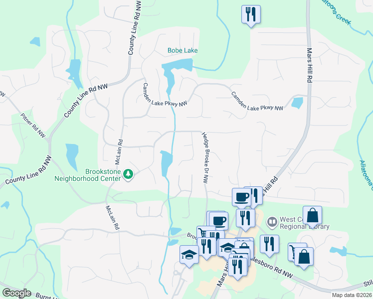 map of restaurants, bars, coffee shops, grocery stores, and more near 5403 Hedge Creek Lane Northwest in Acworth
