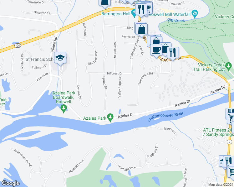 map of restaurants, bars, coffee shops, grocery stores, and more near 254 Valley Ridge Drive in Roswell