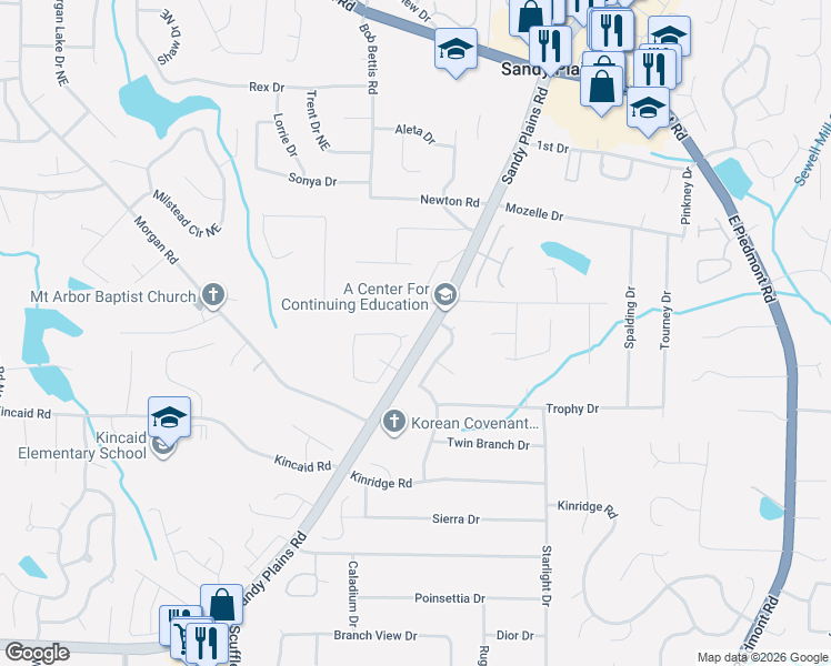 map of restaurants, bars, coffee shops, grocery stores, and more near 2162 Whitehall Drive Northeast in Marietta