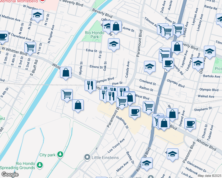 map of restaurants, bars, coffee shops, grocery stores, and more near 8503 Whittier Boulevard in Pico Rivera