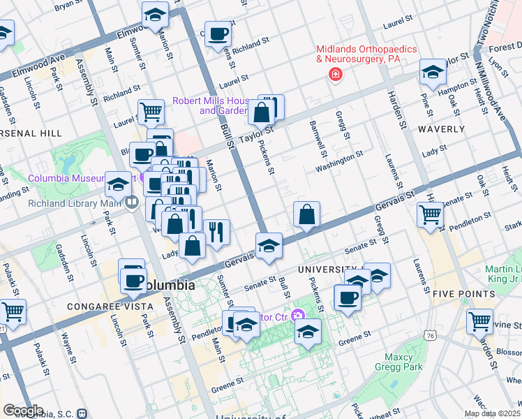 map of restaurants, bars, coffee shops, grocery stores, and more near 1321 Bull Street in Columbia