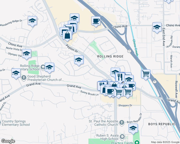 map of restaurants, bars, coffee shops, grocery stores, and more near 3073 Olympic View Drive in Chino Hills