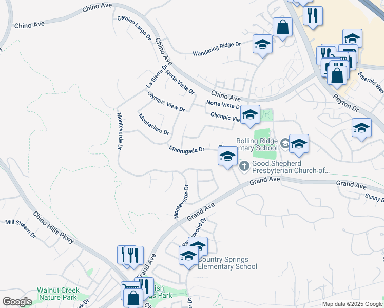 map of restaurants, bars, coffee shops, grocery stores, and more near 2381 Madrugada Drive in Chino Hills