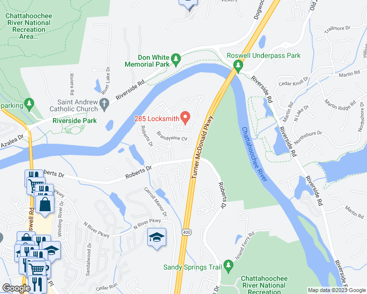 map of restaurants, bars, coffee shops, grocery stores, and more near 702 Brandywine Circle in Atlanta