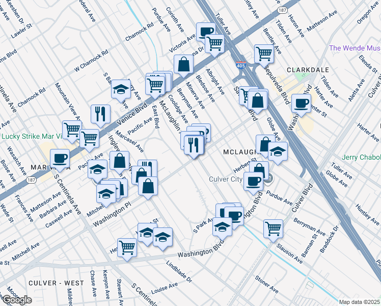 map of restaurants, bars, coffee shops, grocery stores, and more near 3985 McLaughlin Avenue in Los Angeles