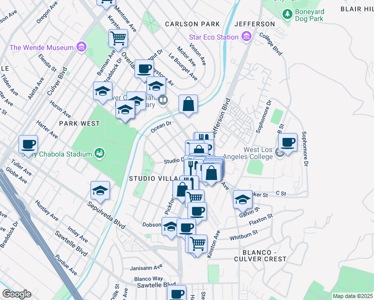 map of restaurants, bars, coffee shops, grocery stores, and more near 5136 Pickford Way in Culver City
