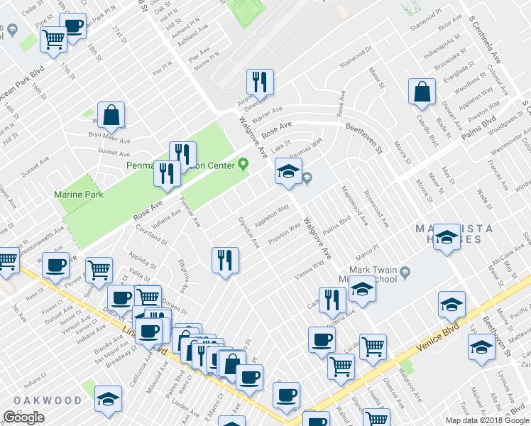 map of restaurants, bars, coffee shops, grocery stores, and more near 1339 Appleton Way in Los Angeles