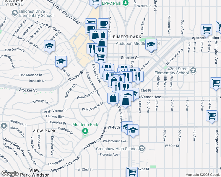 map of restaurants, bars, coffee shops, grocery stores, and more near 4317 Crenshaw Boulevard in Los Angeles