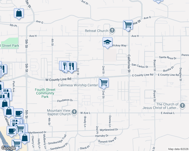 map of restaurants, bars, coffee shops, grocery stores, and more near 34816 County Line Road in Yucaipa