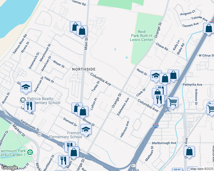 map of restaurants, bars, coffee shops, grocery stores, and more near 3668 Columbia Avenue in Riverside