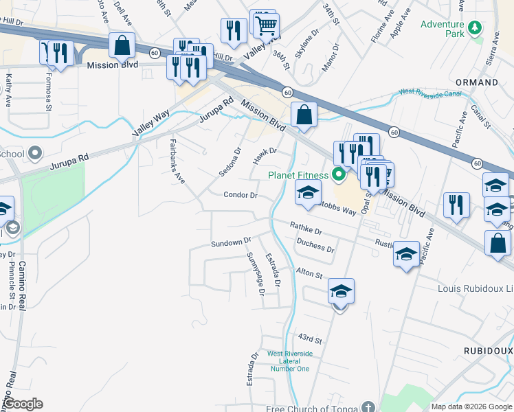 map of restaurants, bars, coffee shops, grocery stores, and more near 6630 Condor Drive in Riverside