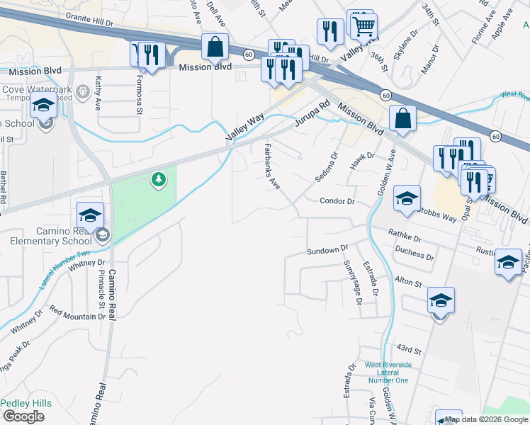 map of restaurants, bars, coffee shops, grocery stores, and more near 7017 Sedona Drive in Riverside