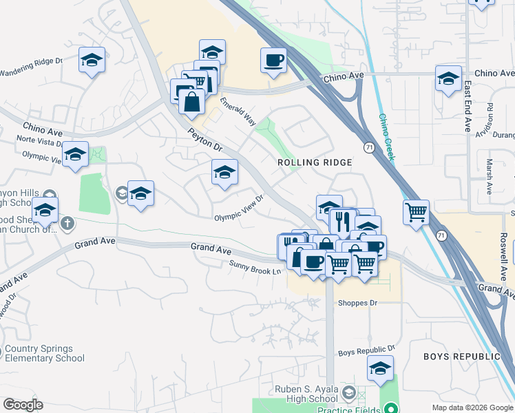 map of restaurants, bars, coffee shops, grocery stores, and more near 3130 Royal Court in Chino Hills
