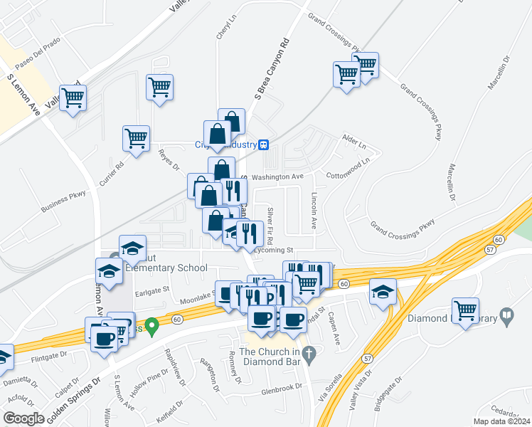 map of restaurants, bars, coffee shops, grocery stores, and more near 838 Silver Fir Road in Walnut