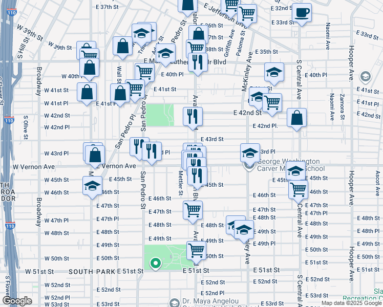 map of restaurants, bars, coffee shops, grocery stores, and more near 475 East 43rd Place in Los Angeles