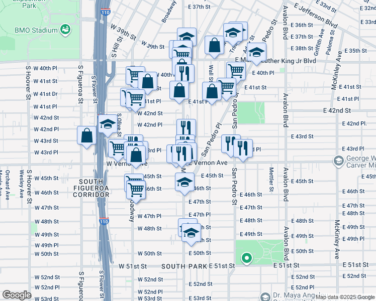 map of restaurants, bars, coffee shops, grocery stores, and more near 4322 South Main Street in Los Angeles