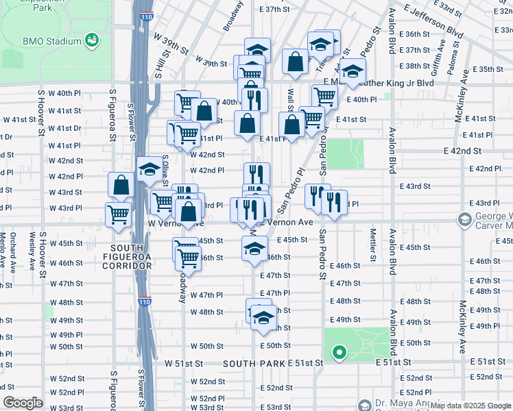 map of restaurants, bars, coffee shops, grocery stores, and more near 4322 South Main Street in Los Angeles
