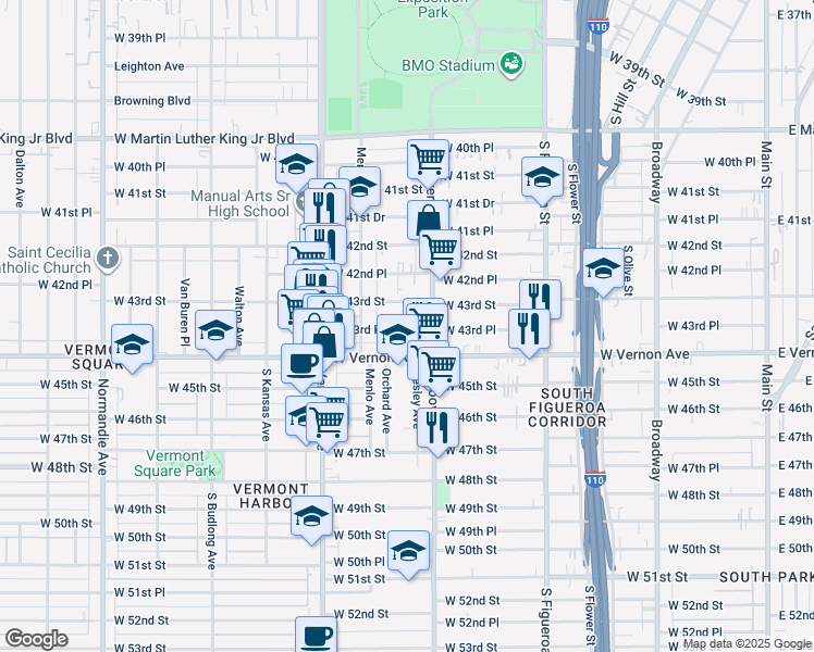 map of restaurants, bars, coffee shops, grocery stores, and more near 831 West 43rd Place in Los Angeles