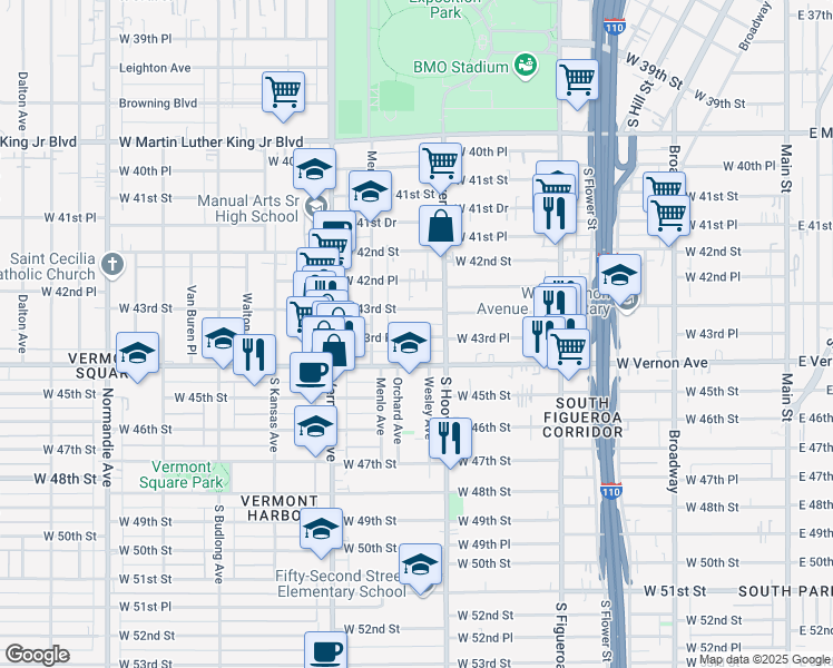 map of restaurants, bars, coffee shops, grocery stores, and more near 831 West 43rd Place in Los Angeles