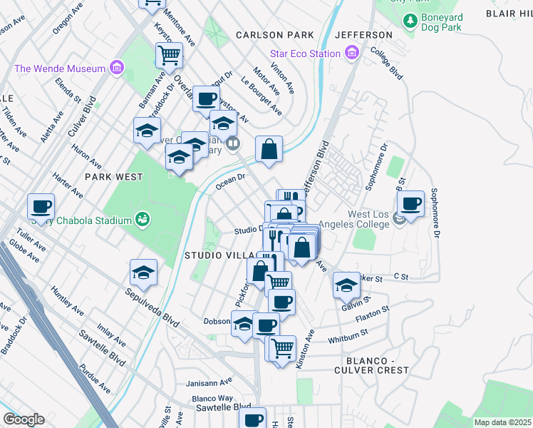 map of restaurants, bars, coffee shops, grocery stores, and more near 5136 Pickford Way in Culver City
