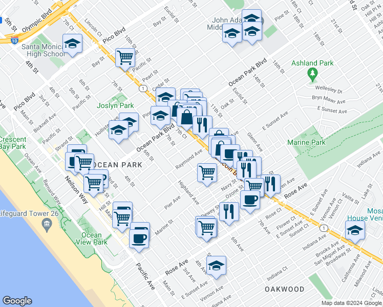 map of restaurants, bars, coffee shops, grocery stores, and more near 745 Raymond Avenue in Santa Monica
