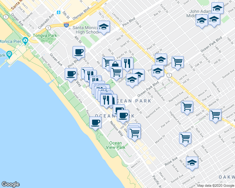 map of restaurants, bars, coffee shops, grocery stores, and more near 2411 3rd Street in Santa Monica