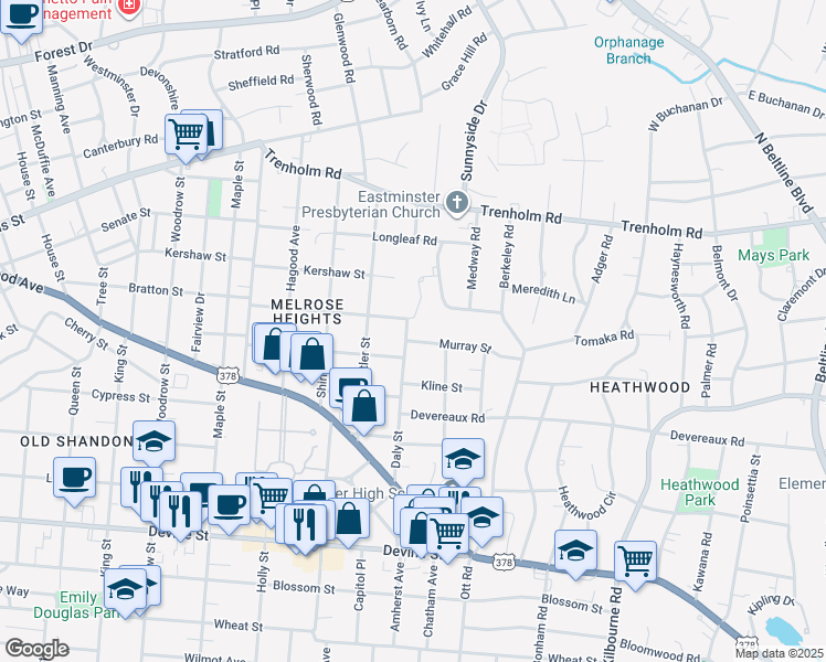 map of restaurants, bars, coffee shops, grocery stores, and more near 1312 Daly Street in Columbia