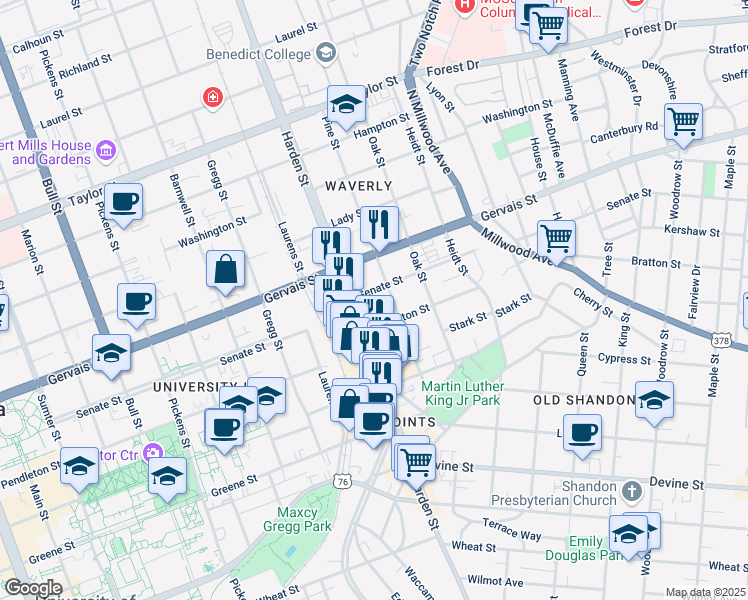 map of restaurants, bars, coffee shops, grocery stores, and more near 2107 Senate Street in Columbia