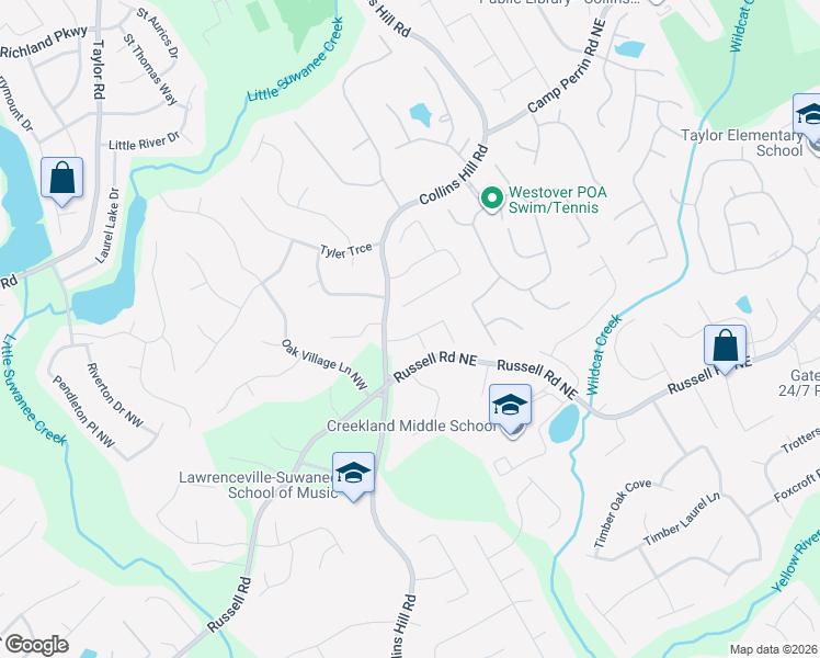 map of restaurants, bars, coffee shops, grocery stores, and more near 56 Berkten Lane Northeast in Lawrenceville