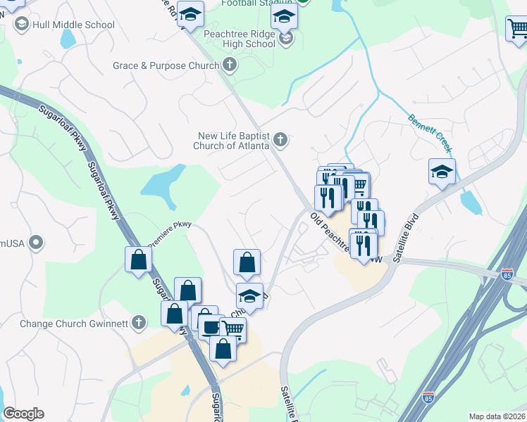 map of restaurants, bars, coffee shops, grocery stores, and more near 2792 Meadow Forest Drive in Duluth