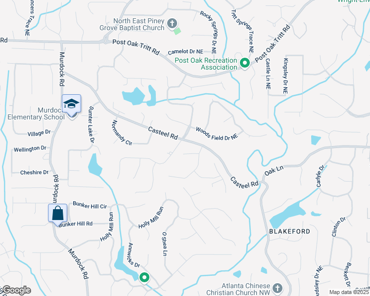 map of restaurants, bars, coffee shops, grocery stores, and more near 2250 Mitchell Road Northeast in Marietta