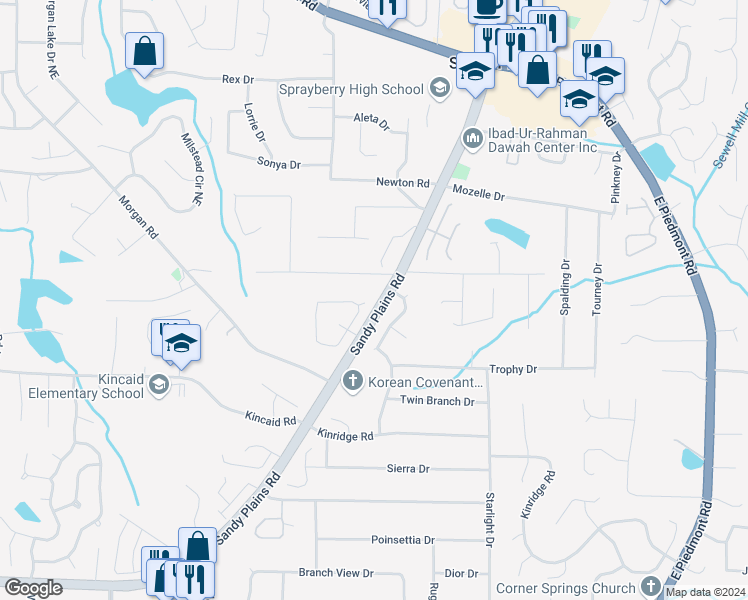 map of restaurants, bars, coffee shops, grocery stores, and more near 2162 Whitehall Drive Northeast in Marietta