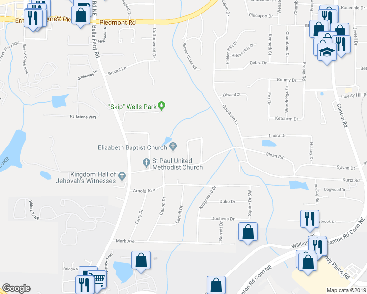 map of restaurants, bars, coffee shops, grocery stores, and more near 2189 Carey Circle in Marietta