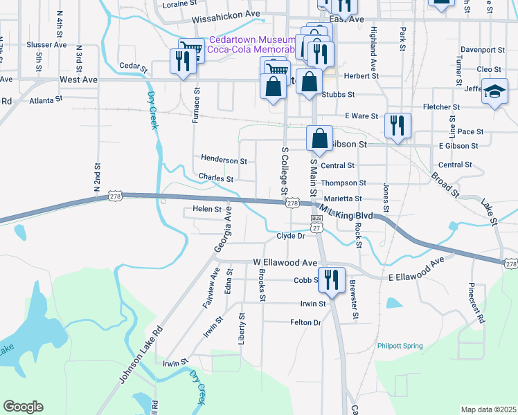 map of restaurants, bars, coffee shops, grocery stores, and more near 235 Canal Street in Cedartown