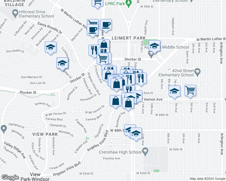 map of restaurants, bars, coffee shops, grocery stores, and more near 4317 Crenshaw Boulevard in Los Angeles