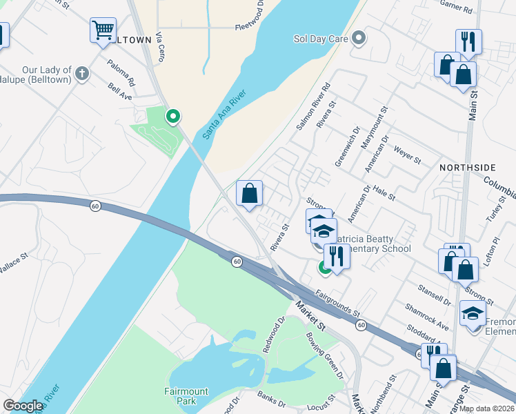 map of restaurants, bars, coffee shops, grocery stores, and more near 1796 Carrie Way in Riverside
