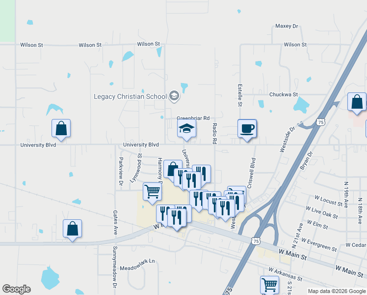 map of restaurants, bars, coffee shops, grocery stores, and more near 3400-3412 West University Boulevard in Durant