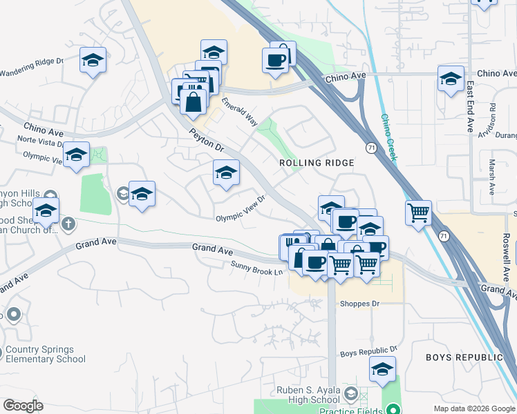 map of restaurants, bars, coffee shops, grocery stores, and more near 3073 Olympic View Drive in Chino Hills