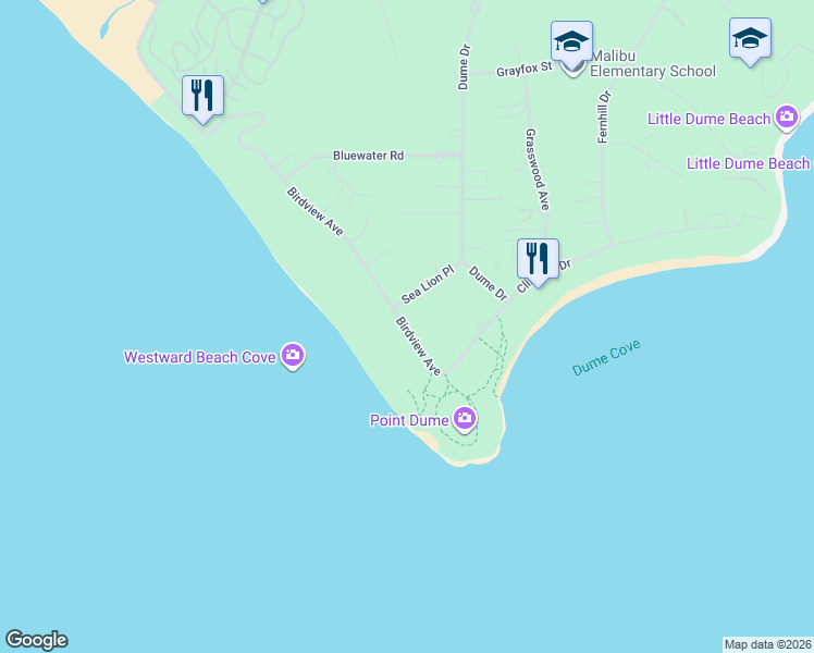 map of restaurants, bars, coffee shops, grocery stores, and more near 7310 Birdview Avenue in Malibu