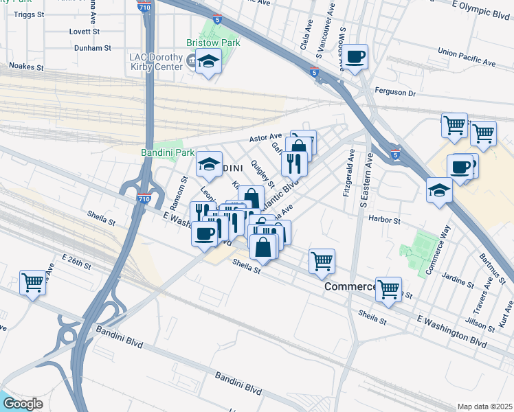 map of restaurants, bars, coffee shops, grocery stores, and more near 5104 Jardine Street in Commerce