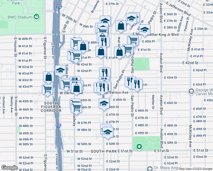 map of restaurants, bars, coffee shops, grocery stores, and more near 4322 South Main Street in Los Angeles