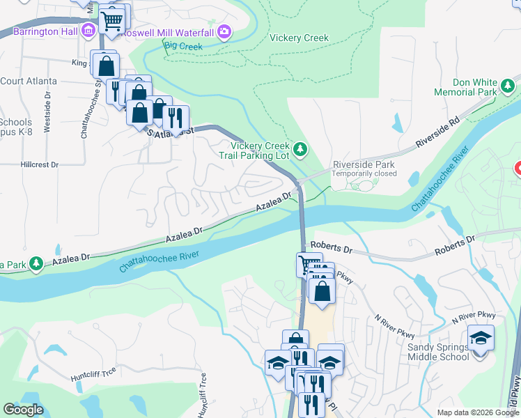 map of restaurants, bars, coffee shops, grocery stores, and more near Roswell Riverwalk Trail in Roswell