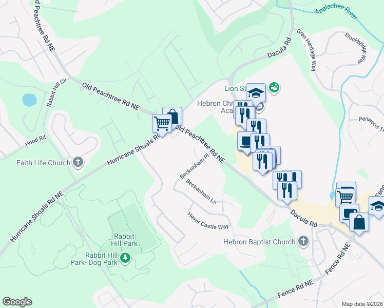map of restaurants, bars, coffee shops, grocery stores, and more near 436 Lily Shoals Lane in Dacula