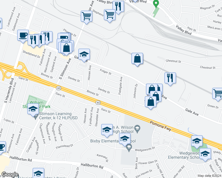 map of restaurants, bars, coffee shops, grocery stores, and more near 16330 Shadybend Drive in La Puente