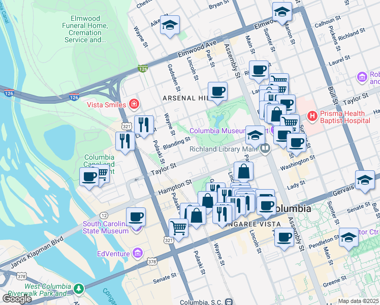 map of restaurants, bars, coffee shops, grocery stores, and more near 718 Blanding Street in Columbia
