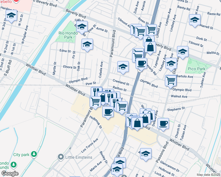 map of restaurants, bars, coffee shops, grocery stores, and more near 8710 Railton Street in Pico Rivera