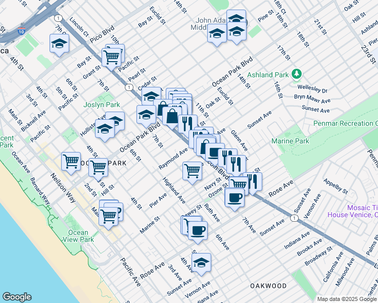 map of restaurants, bars, coffee shops, grocery stores, and more near 745 Raymond Avenue in Santa Monica